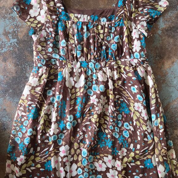 Vintage Y2K Floral Print Milkmaid Dress Size 14 P Brown Flutter Sleeve Chiffon - Picture 4 of 8